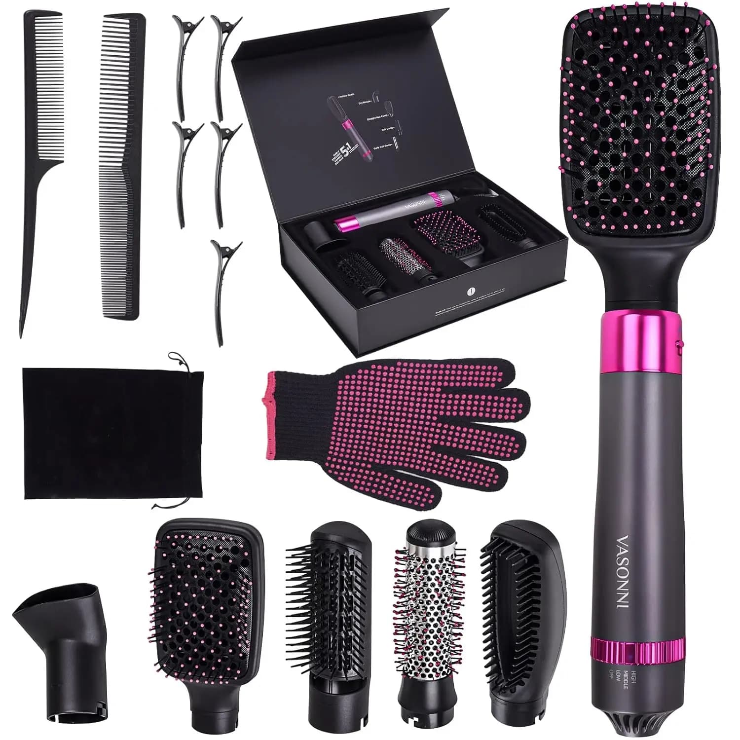Brush Hair dryer 5-in-1 with Negative Ion Technology for a Styling Styling Slight and Without Crespo (Nero-Rosso)