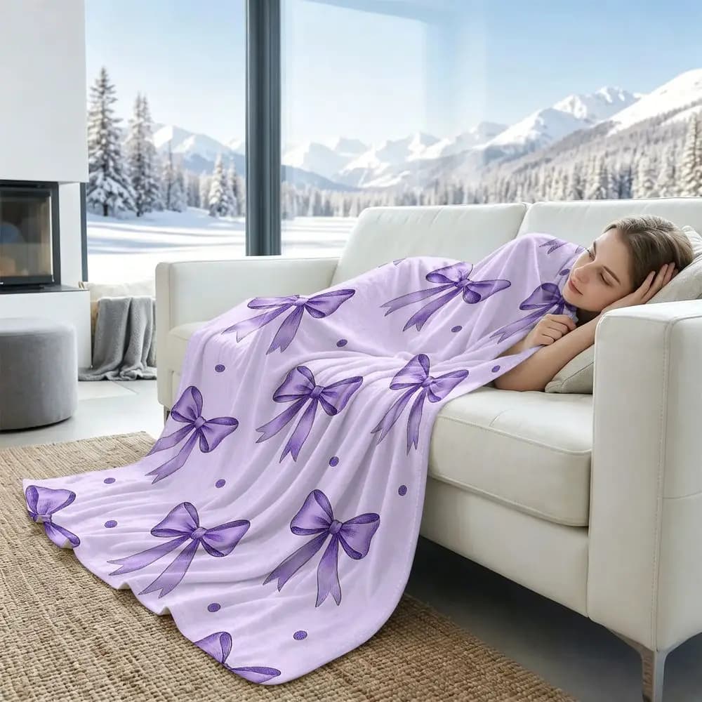 Pastel Purple Bow Polka Dot Print Cooling blanket Q MAX 0.3 Soft Cool Fabric Dorm Sofa Summer Light Blanket