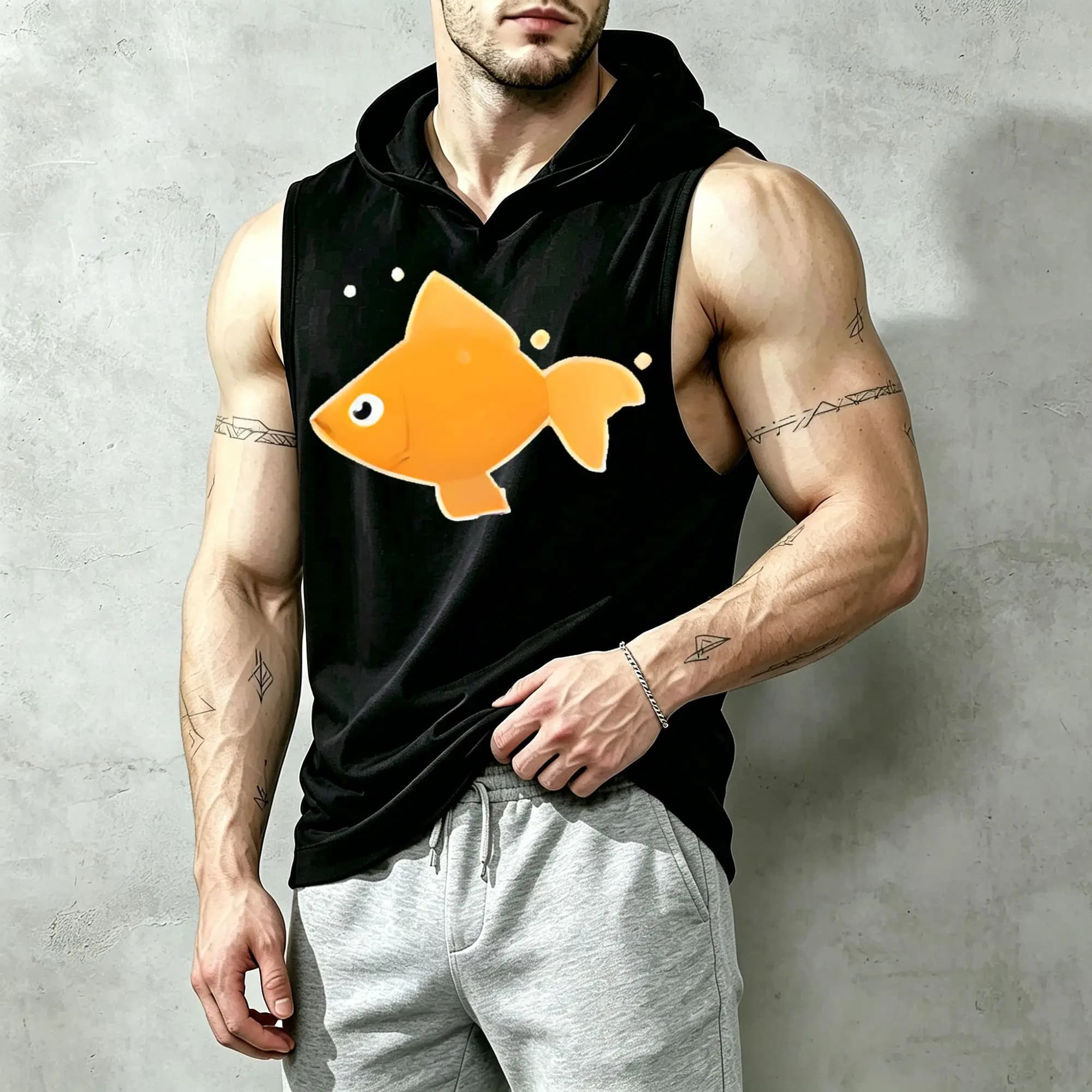 Cute Goldfish Lover Print Men's Fashionable Sleeveless Hoodie, Suitable for Everyday Casual Wear, Soft Fabric, Machine Washable