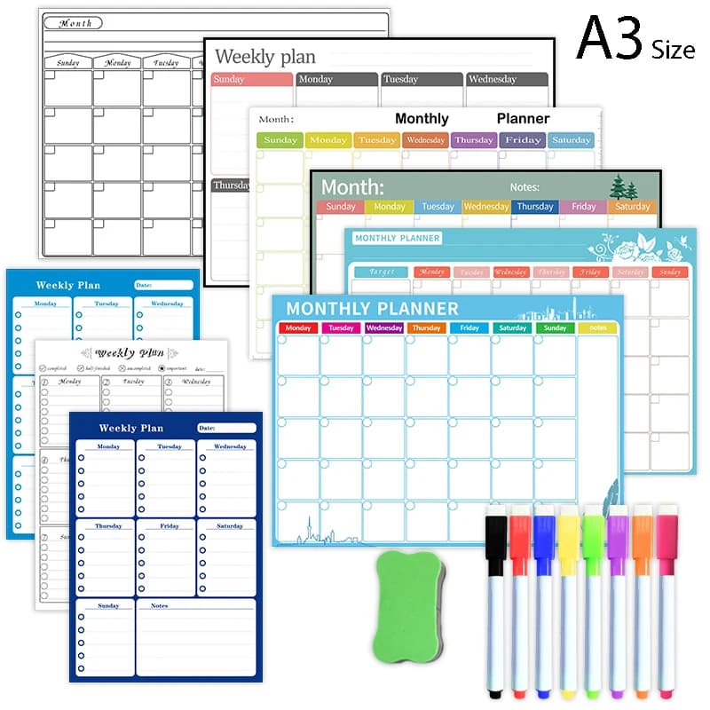 Calendario magnetico settimanale mensile, calendario da tavolo, lavagna cancellabile a secco, adesivo per frigorifero, bacheca, formato A3