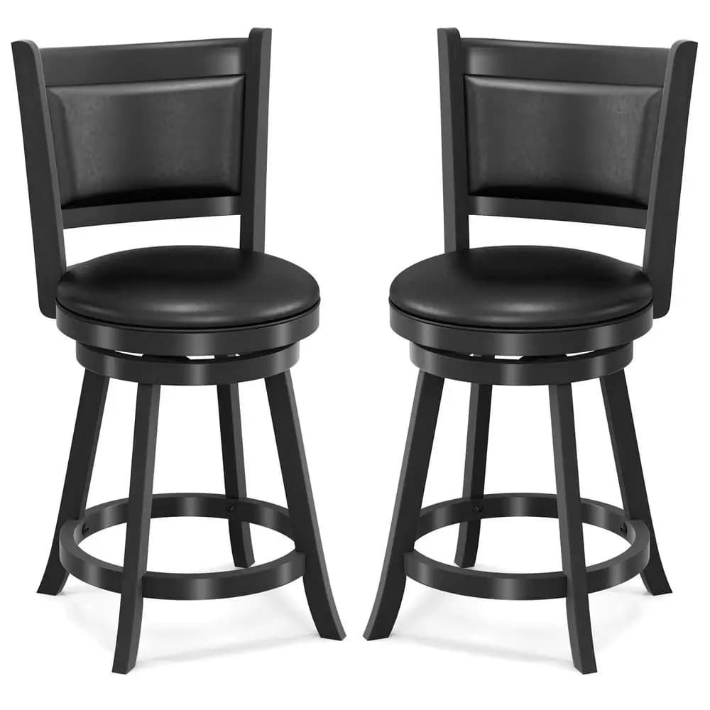 Set di 2 sgabelli da bar, sedie da cucina girevoli a 360 gradi in legno con schienale, sgabelli da bar neri ad altezza bancone con seduta imbottita in PVC