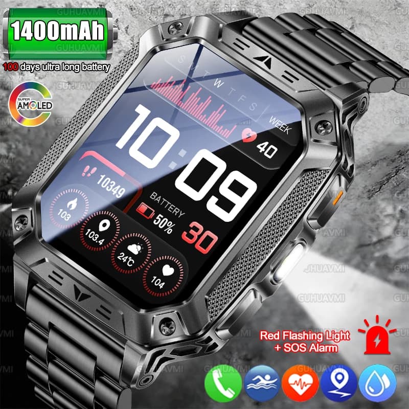 New Smartwatch Powered 1400mAh Ultra Resistant with Red Light, SOS Sound Alarm, 10ATM Waterproof, for Sport and Fitness, Swimming, Smartwatch 2026
