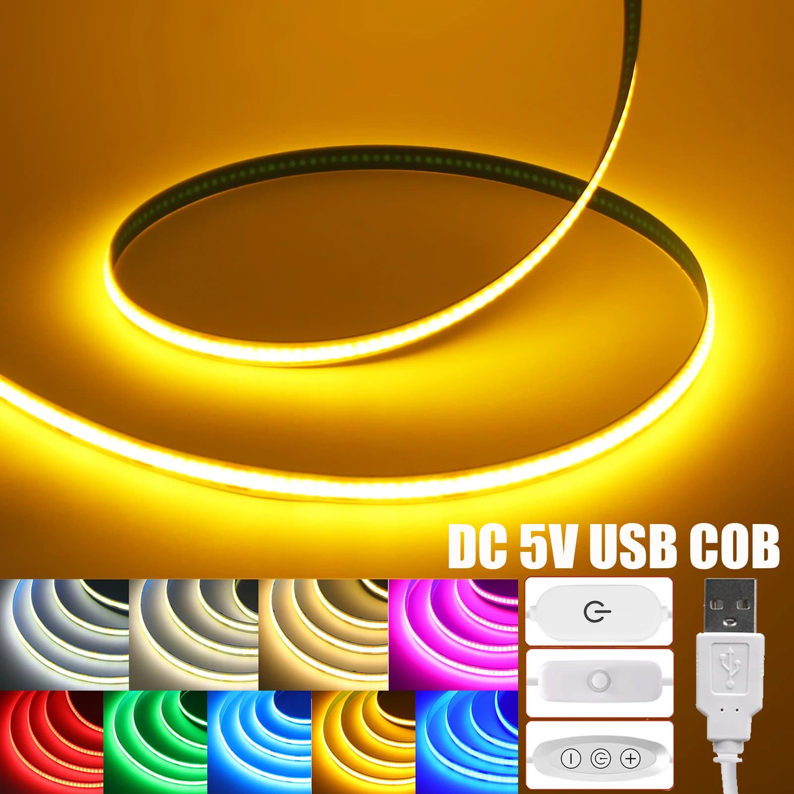Striscia LED COB dimmerabile Nastro LED flessibile USB 5V con interruttore ON/OFF Illuminazione lineare ad alta densità da 320 LED con adesivo