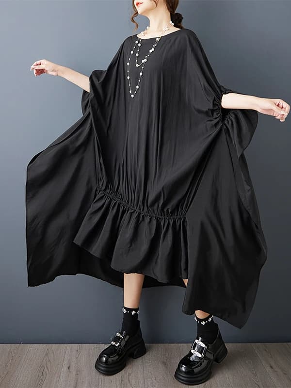 Loose Fashion Pure Color Pleated Asymmetrical Batwing Sleeve Dress Women's Meat Concealing Dress Dark Style Short Sleeve roun...