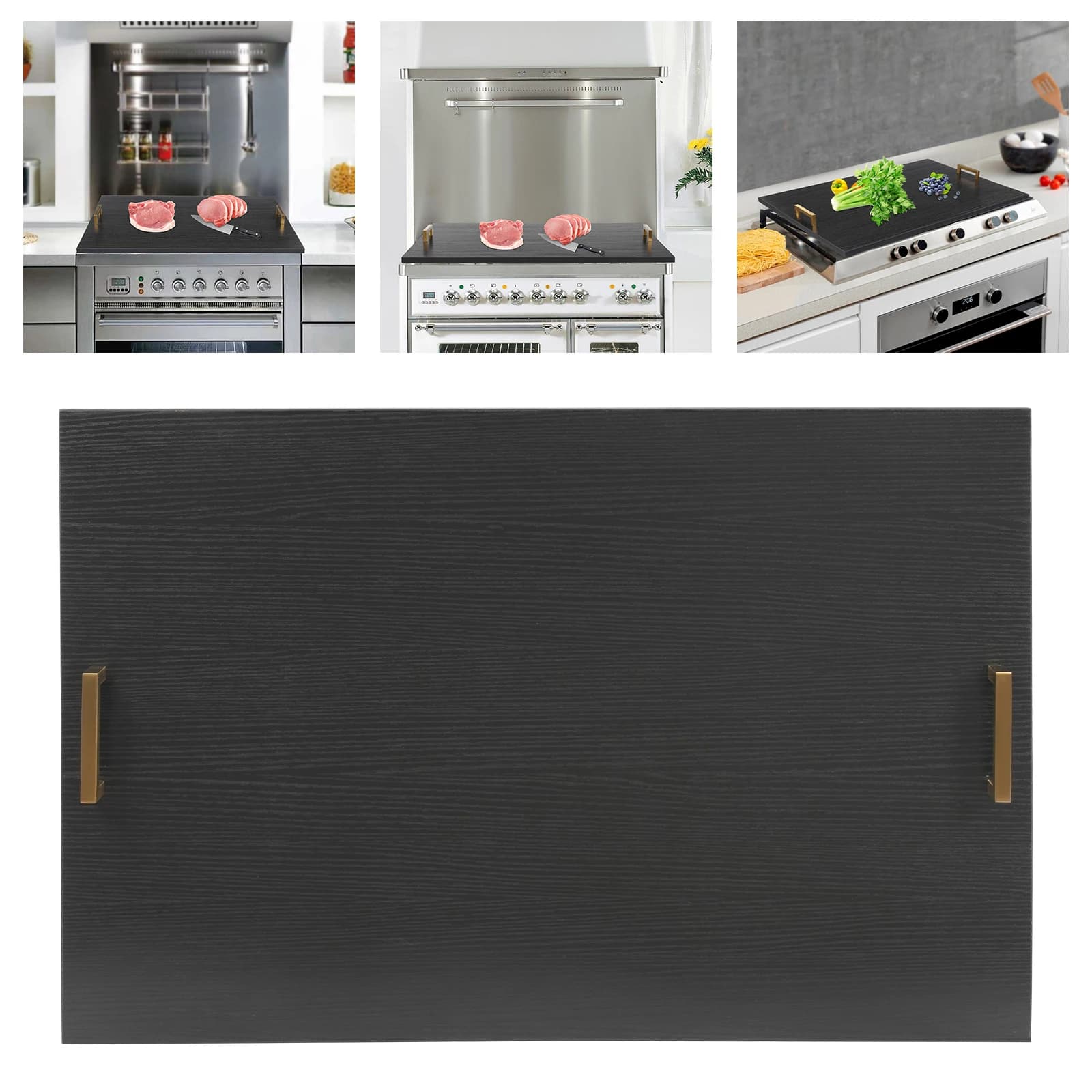 Black Gold Handle Acacia Wood Cooktop Board Multi Function Stove Top Cover For Cutting Board Breakfast Bar Kitchen Counter Space Saver
