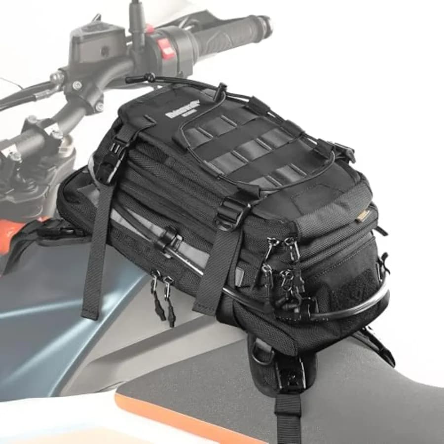 Borsa da serbatoio per moto con borsa separata per l'acqua e sistema MOLLE, adatta alla maggior parte delle moto da avventura e sportive.