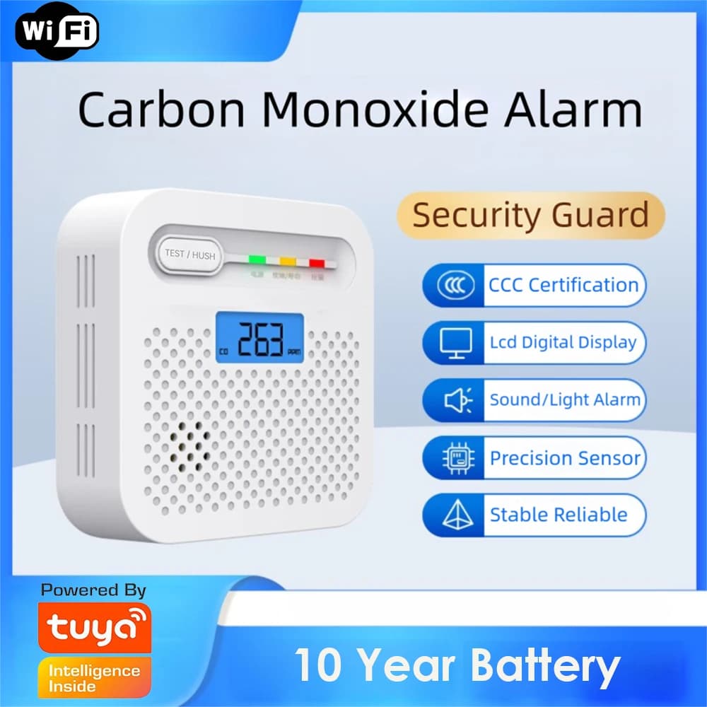 Arumny Tuya Smart WiFi CO Detector LCD Digital Carbon Monoxide Alarm Monitor App Real-time Alert 85dB Siren Home security system