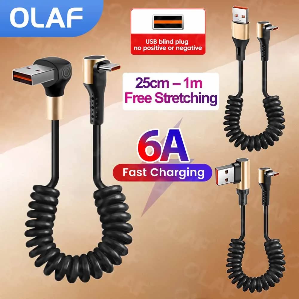 6A 90 Degree Elbow USB to Type C Spring Cable For iPhone 15 16 With Carplay 1M Retractable 66W USB C Fast Charging Data Cable