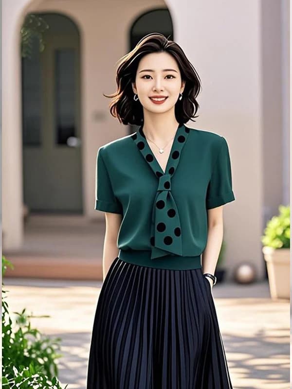Green Silk Scarf Tied Shoulder Short Sleeve Women's T-shirt Stylish Summer Outerwear Top Fashionable And Beautiful