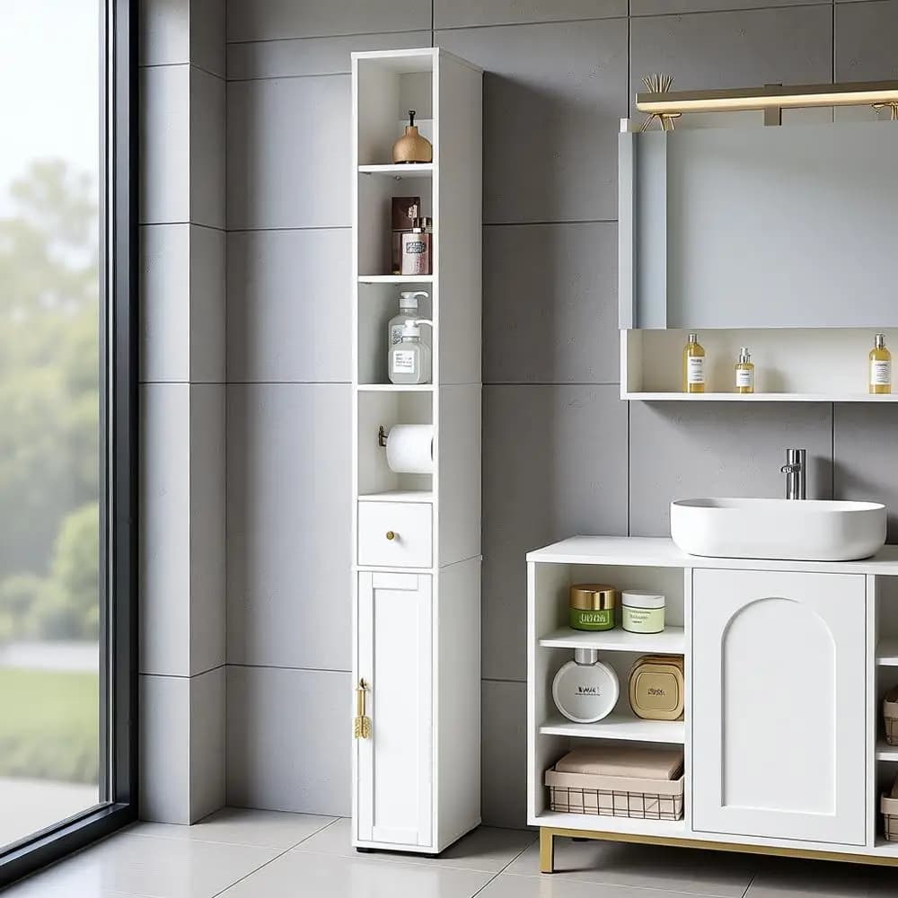 Armadietto da bagno stretto, armadietto alto 67", organizer con porta carta igienica, dispositivo antiribaltamento, 3 ripiani regolabili, Dra