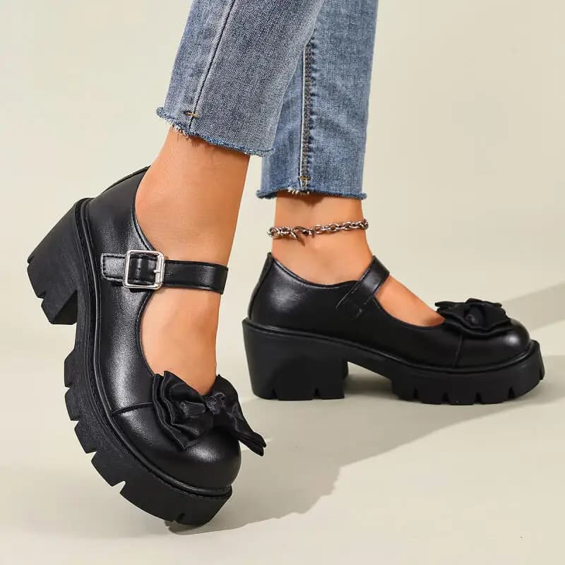 Scarpe Mary Jane Nere con Fiocco Dolce e Suola Spessa, Scarpe da Donna Primavera 2026, Comode Scarpe con Plateau e Tacco Alto Stile Lolita, Taglie Grandi