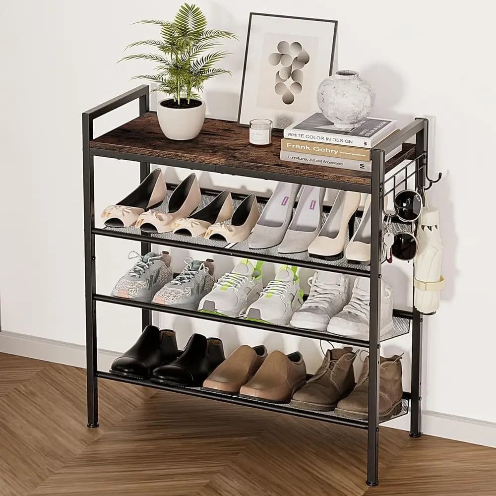 4-level shoe rack, adjustable mesh shelves, metal shoe organizer for entrance, closet, bedroom, living room, garage