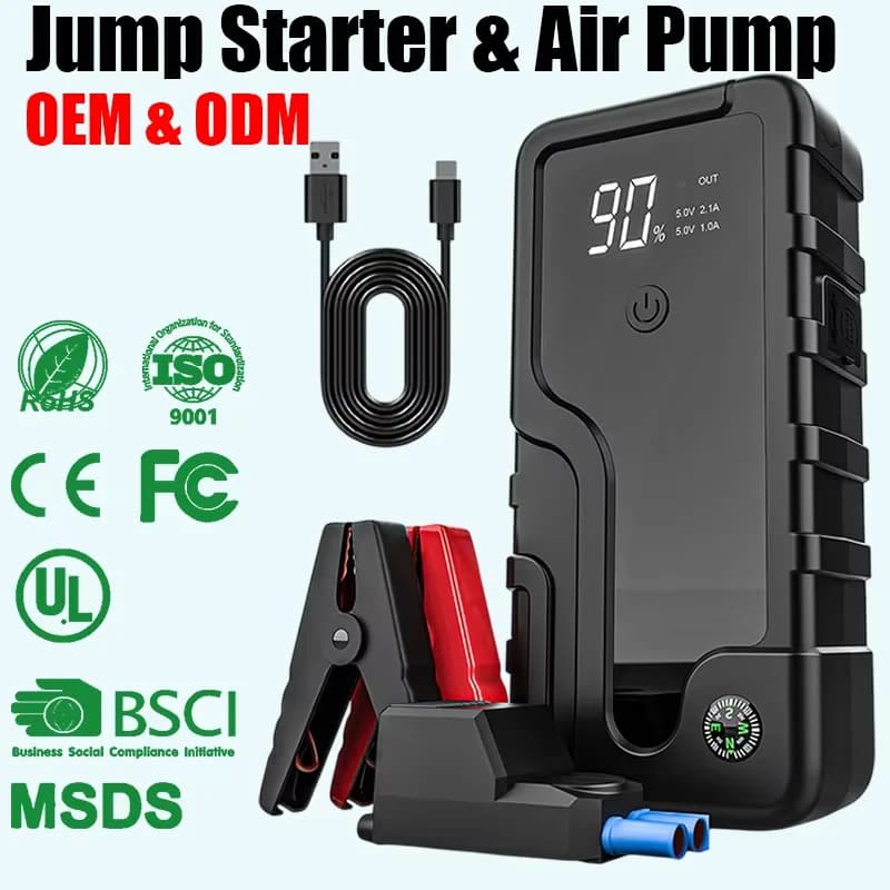 Avviatore d'Emergenza 4-in-1 12V per Auto con Compressore d'Aria Wireless, Power Bank e Avviatore a Batteria Portatile a Ricarica Rapida