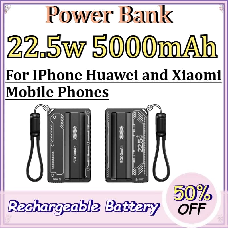 22.5w 5000mAh Power Bank for IPhone Huawei and Xiaomi Mobile Phones Detachable Battery Power Bank with Built-in Cable