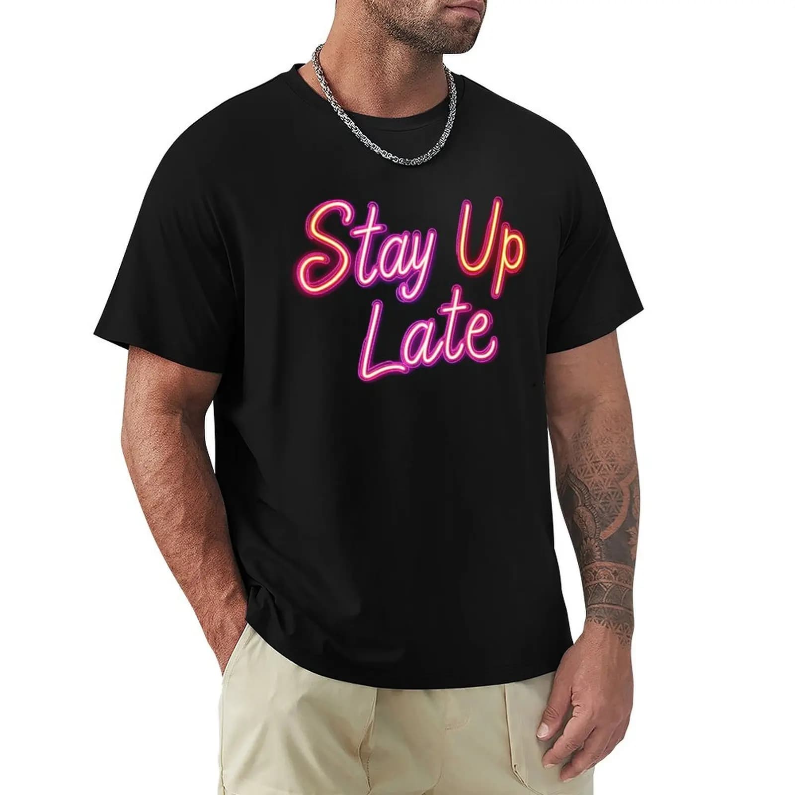 Stay Up Late - T-shirt dal design con scritta neon, maglietta casual per le vacanze estive
