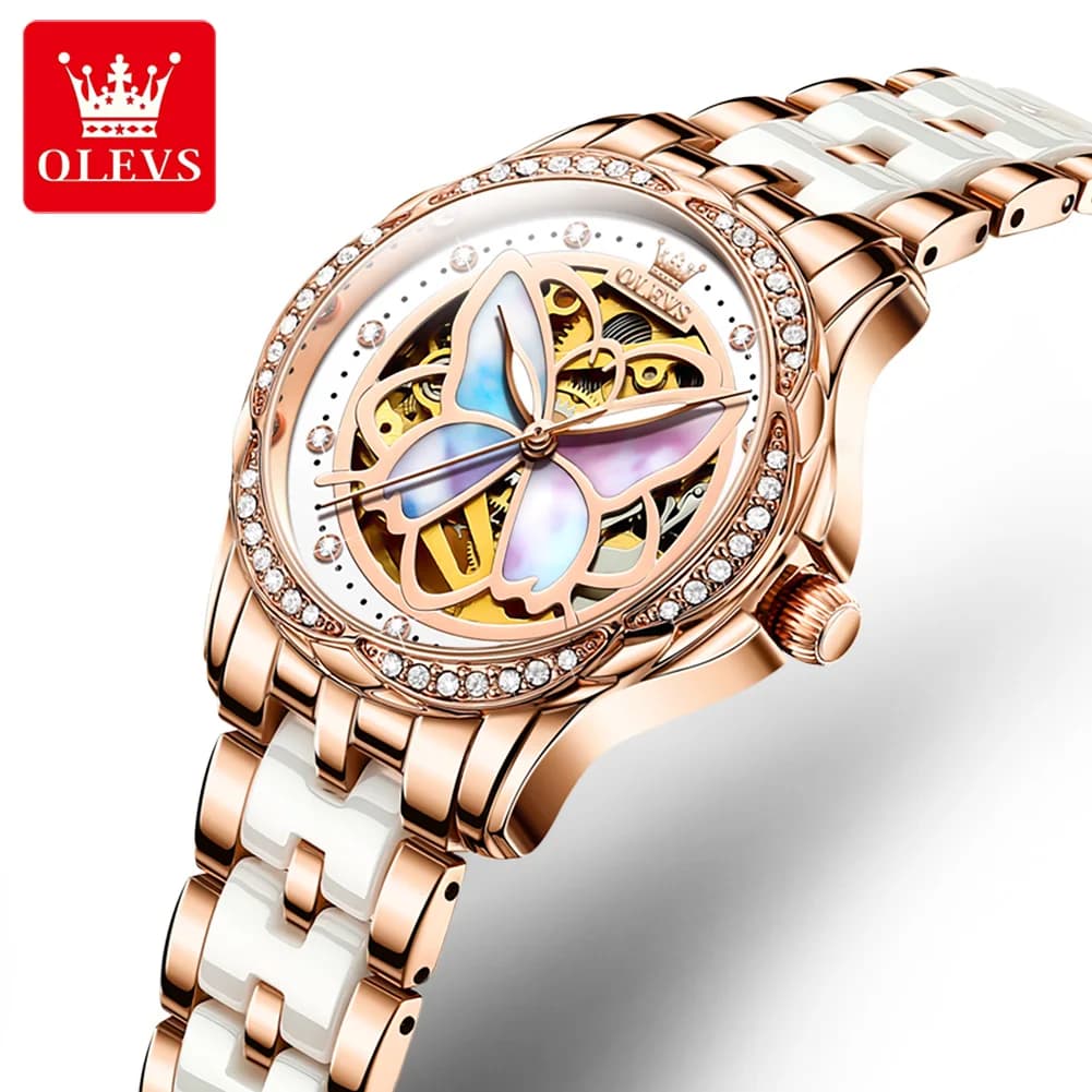 OLEVS 6615 Women's Watch Bezel Original mechanical wristwatch ceramic automatic mechanical watches Women's Watch Luminous Waterproof Butterfly Dial