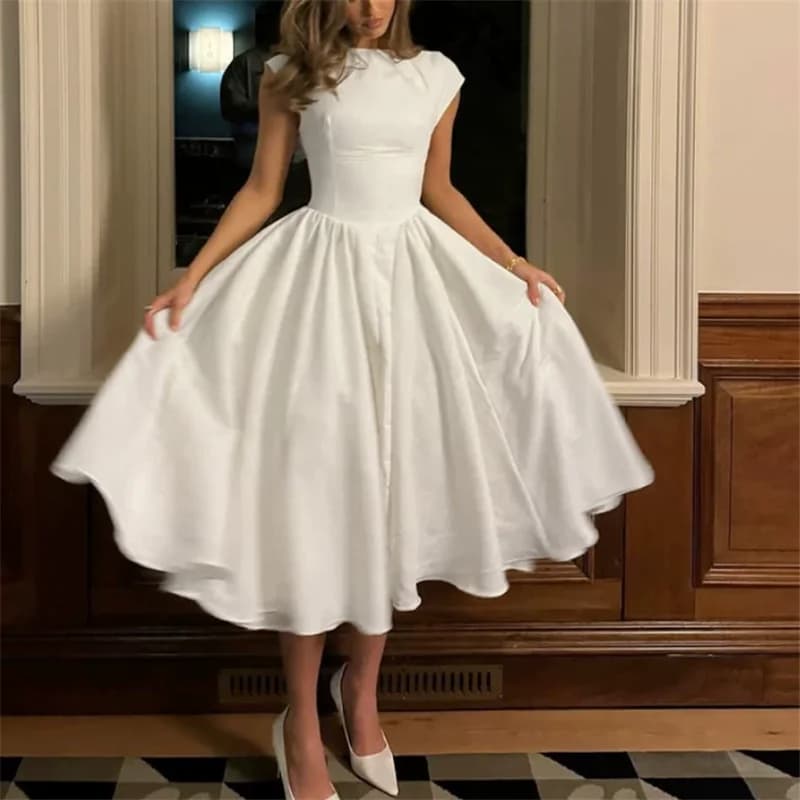 French Elegant Lady Simple Style Hollow Back Midi Party Dress Black White Red Summer Short Sleeve Slim Swing Tea Dress Vestidos
