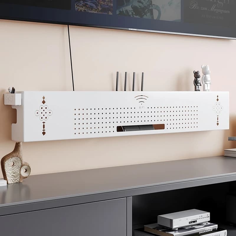 Supporto per router da parete senza trapano, supporto per set TV, supporto per scatola superiore con copertura per ciabatta, organizer per cavi per la nascosto dei cavi del soggiorno