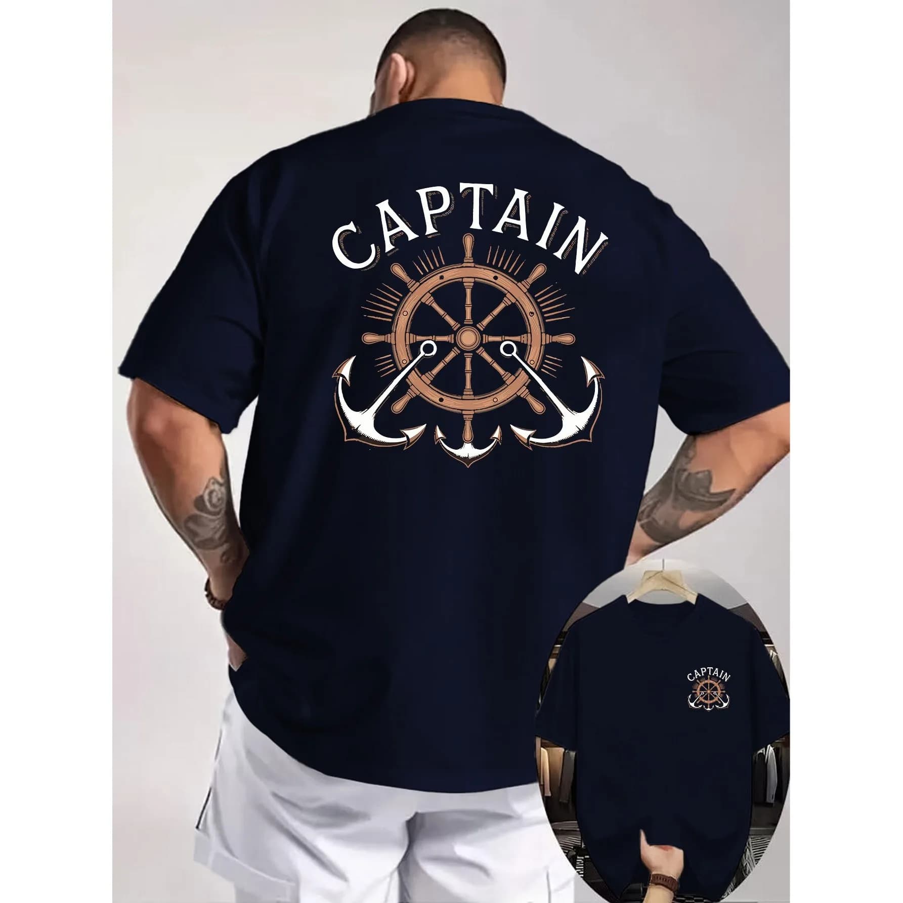 T-shirt da uomo in cotone con grafica nautica Captain Anchor, girocollo, manica corta, casual, per la navigazione