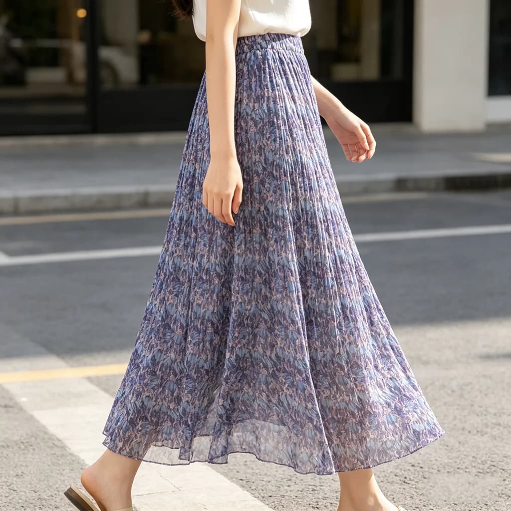 Elegant Pink Floral Pleated Chiffon Midi Skirt Women High Waist A-Line Long Skirt Office Casual Wear
