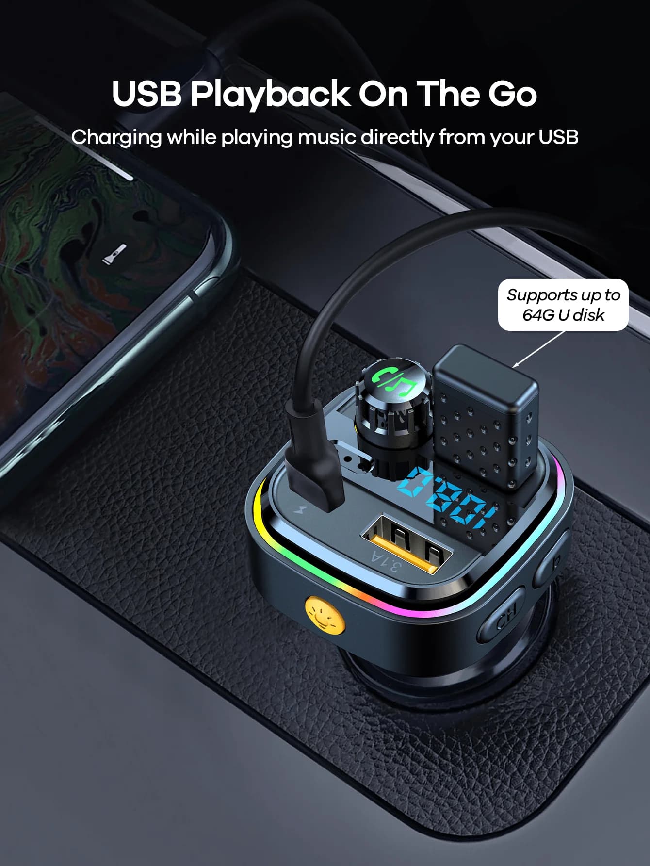 Trasmettitore FM Bluetooth 5.3 USB per Auto con Doppia Ricarica PD 3.1A 25W, Anello LED RGB, Riproduzione MP3 da Scheda TF, Chiamate in Vivavoce