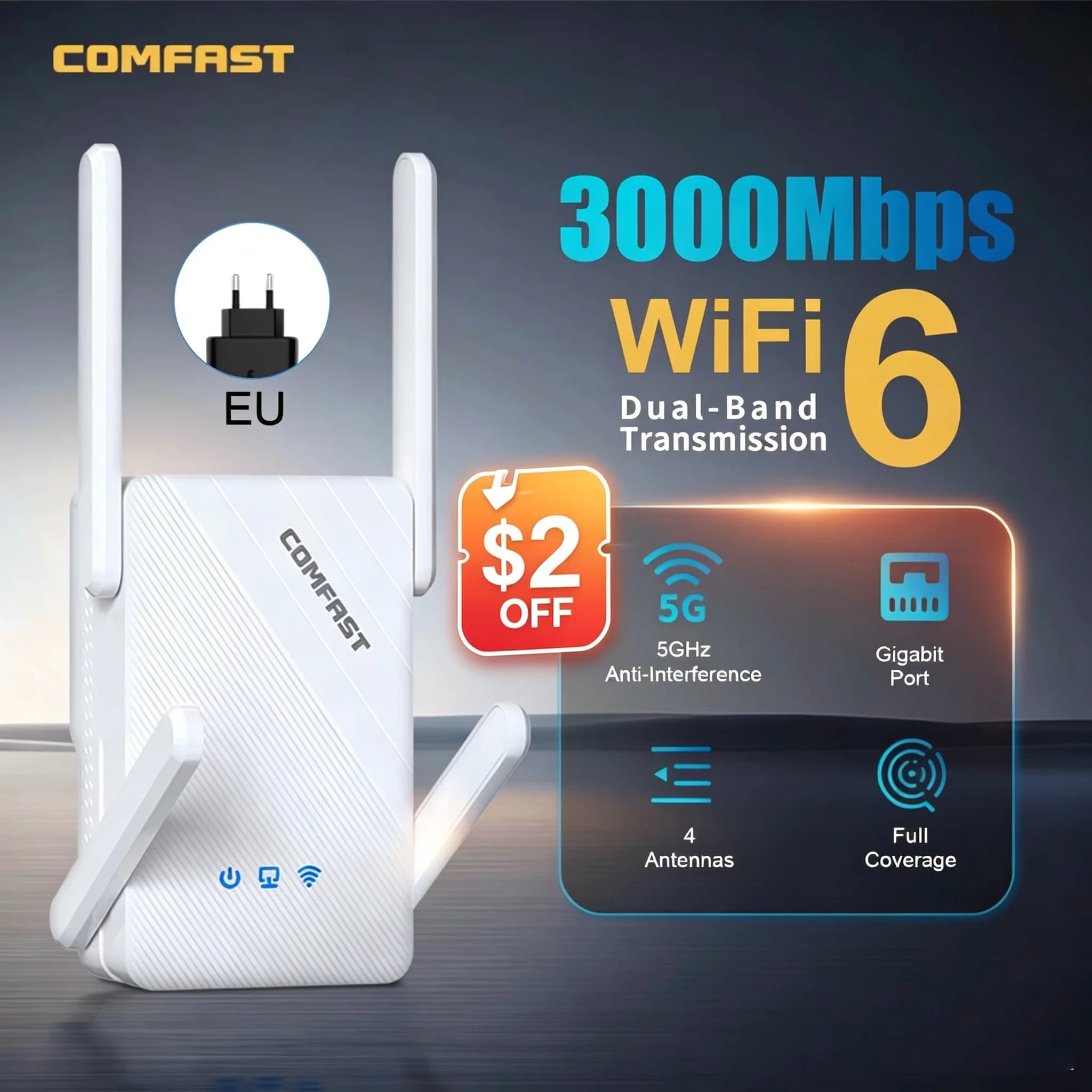 COMFAST 3000Mbps WiFi6 Ripetitore Wireless dual band 2.4G/5.8G WiFi Amplificatore Segnale 4 antenne Amplificatore di segnale a lungo raggio per la casa