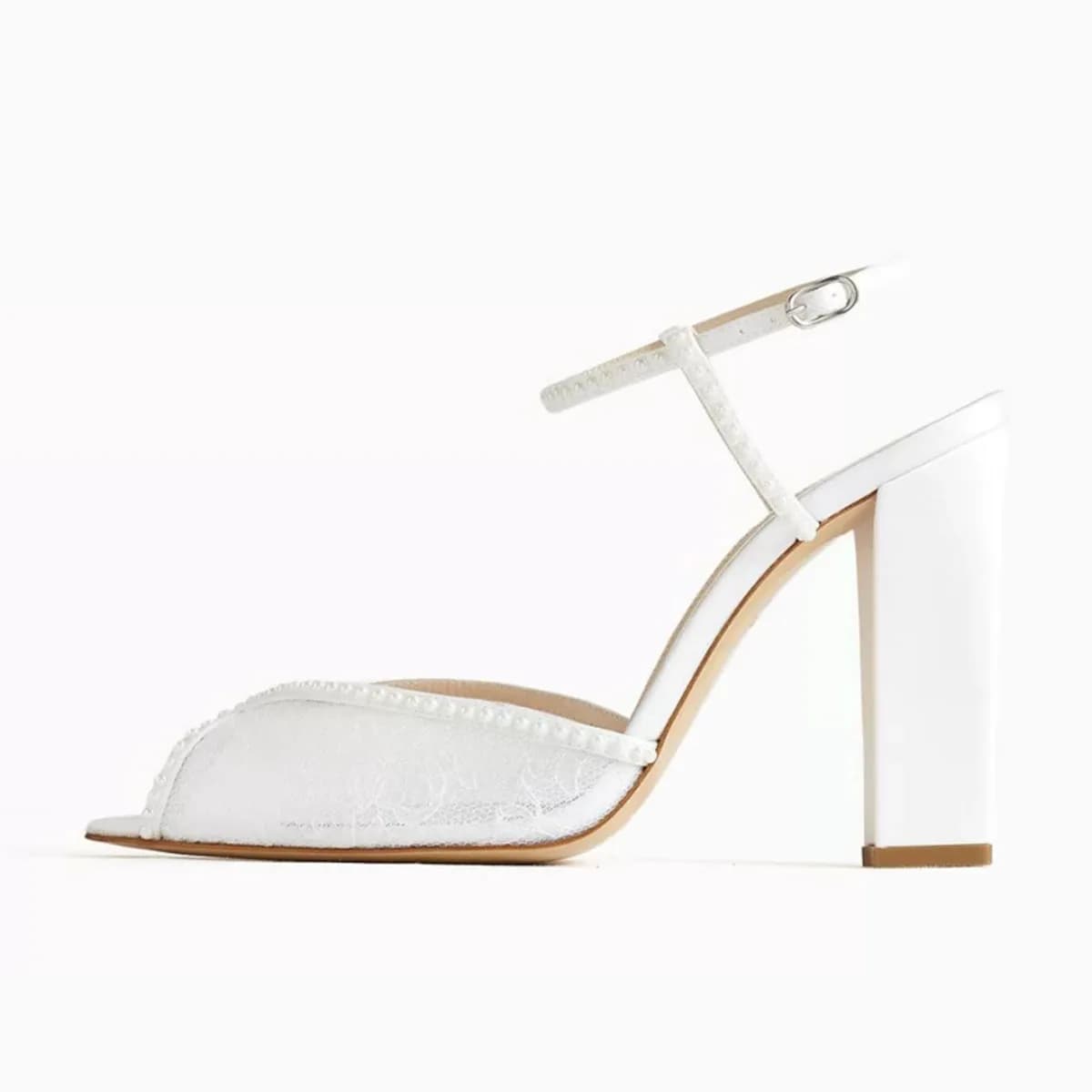 Arden Furtado Summer white lace Peep toe shoes Pointed toe Super high heel Crystal One word buckle sandals Wedding shoes