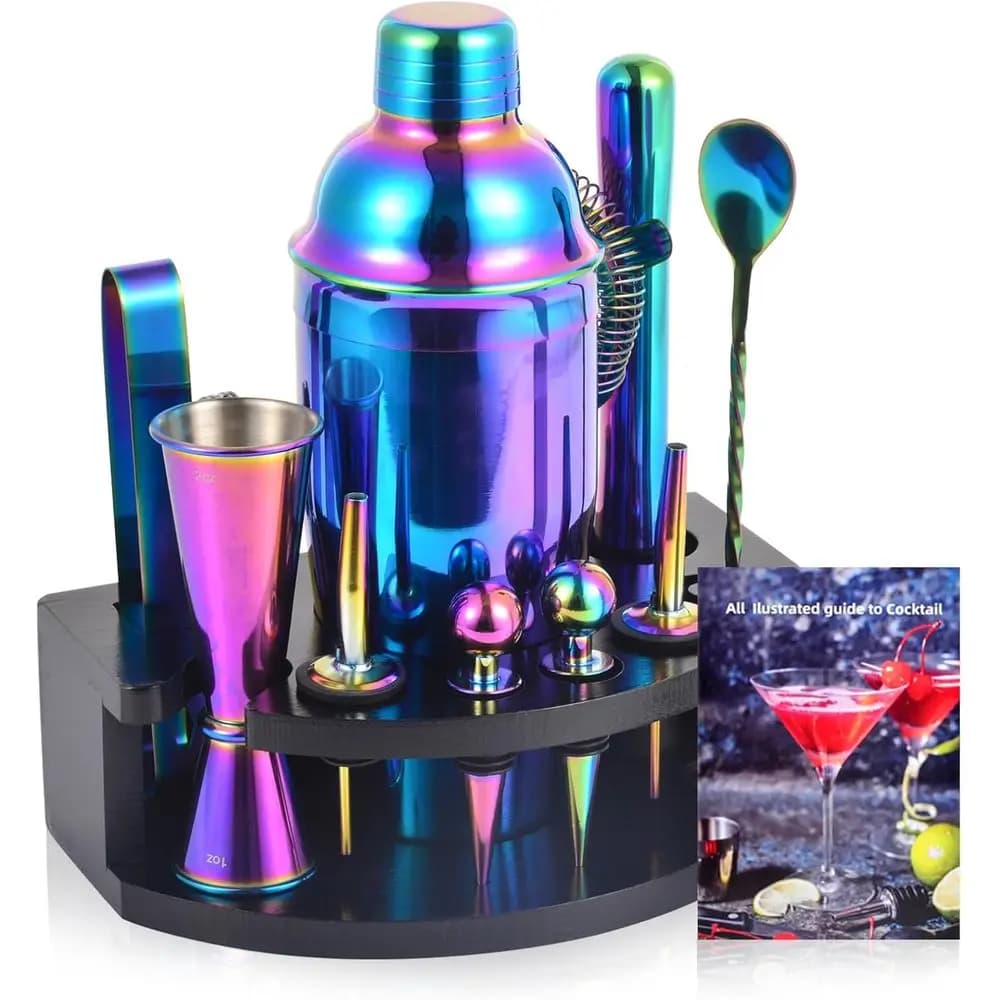 Set da Bar 12 Pezzi con Supporto | Shaker per Cocktail da 24oz | Strumenti per Miscelazione | Regalo di inaugurazione della casa | Arcobaleno