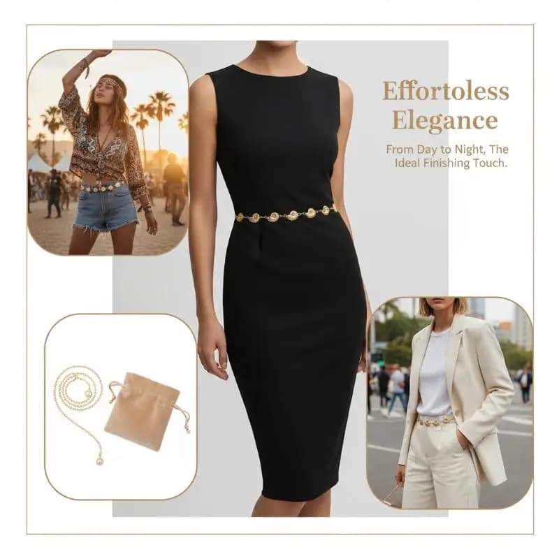 Fashion Gold Waist Belt with Adjustable Buckle for Vintage Look Dress Accessory
