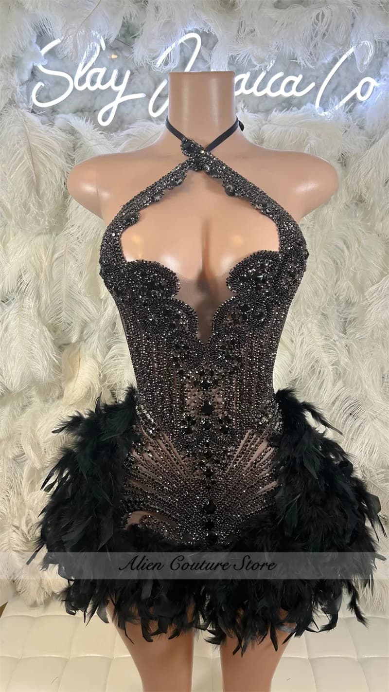 Glitter Black Crystal Short Prom Dress For Black Girl Homecoming Senior Cocktail Dress Birthday Party Gown Feathers Customized