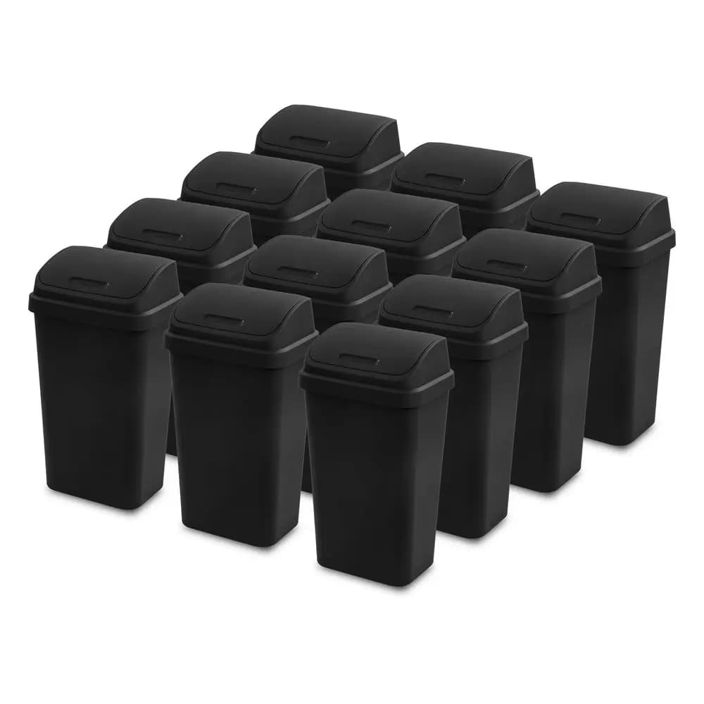 12Pack Swing Top Wastebasket, Sleek Square Profile Trash Can, 13 Gallon, Black Modern Garbage Bin for Kitchen, Bathroom, Garage