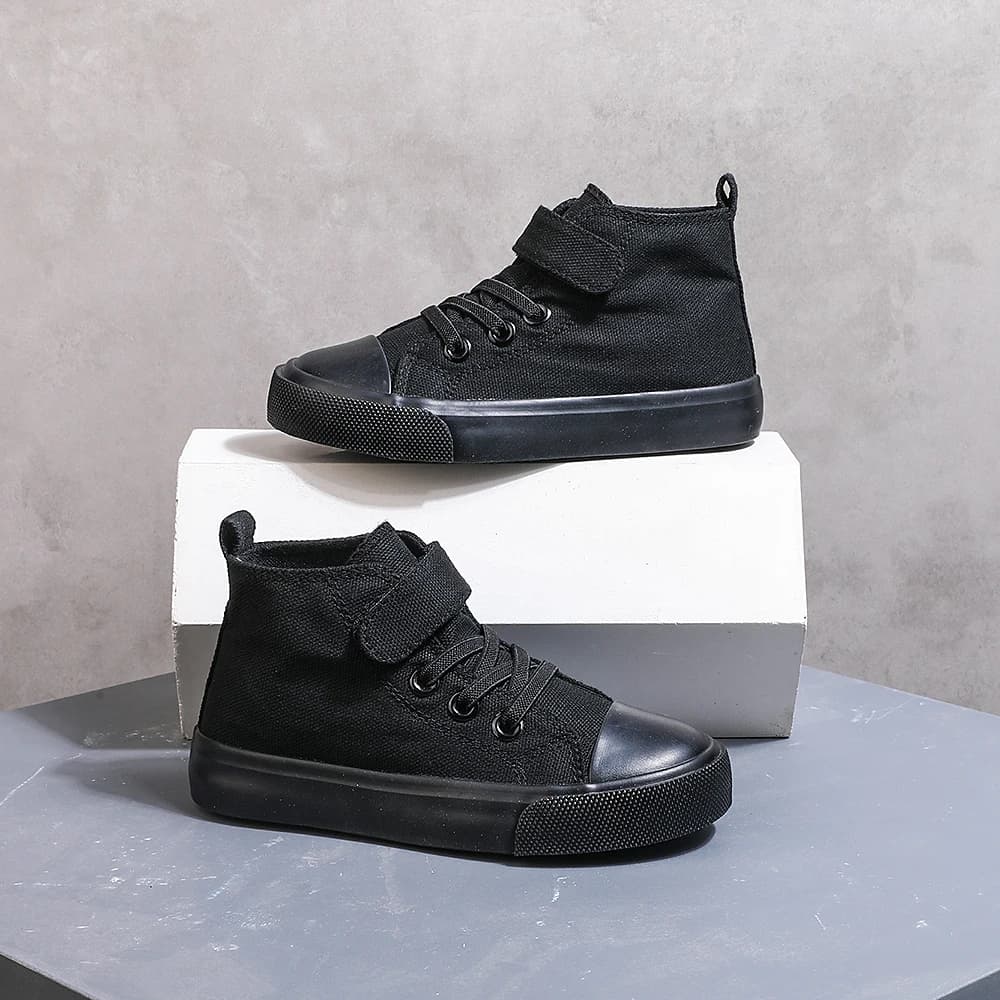 COMFY KIDS Scarpe da ginnastica alte in tela nera, cinturino in velcro e scarpe stringate per ragazzi e ragazze (3-12 anni), scarpe sportive comode per giochi all'aperto e scuola