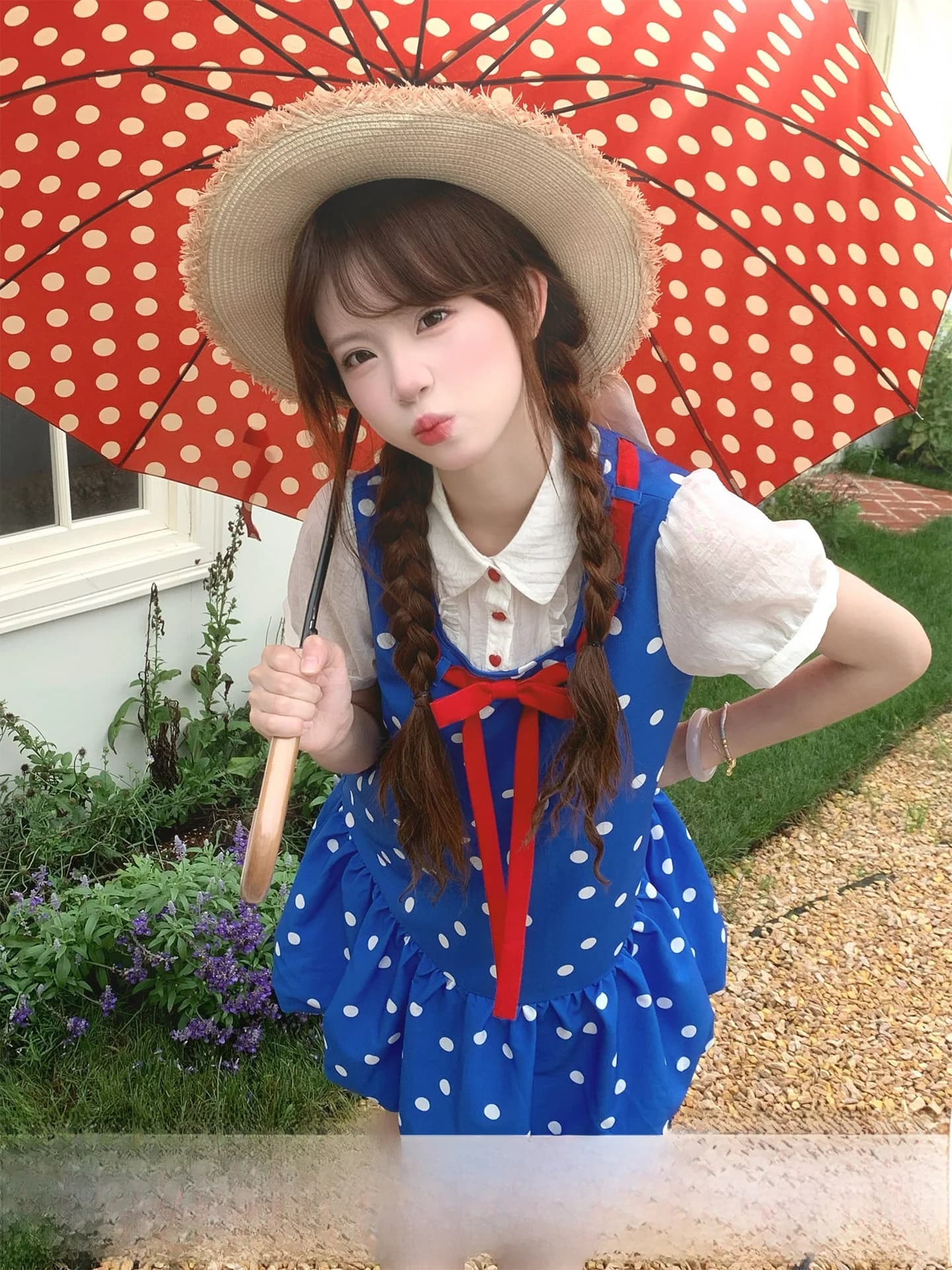 Sinsingirl Holiday Blue Contrast Color Knot Super White Cherry Blossom Skirt Dress Cute Style Short Sleeve Button C...