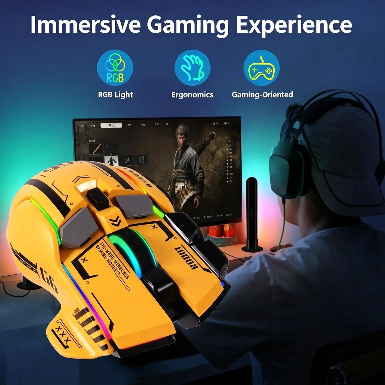 Mecha Tri-Mode Wireless Gaming Mouse 2.4G Bluetooth 7 Color RGB Light 10 Buttons Wireless Mice For PC Laptop Gaming Work Office