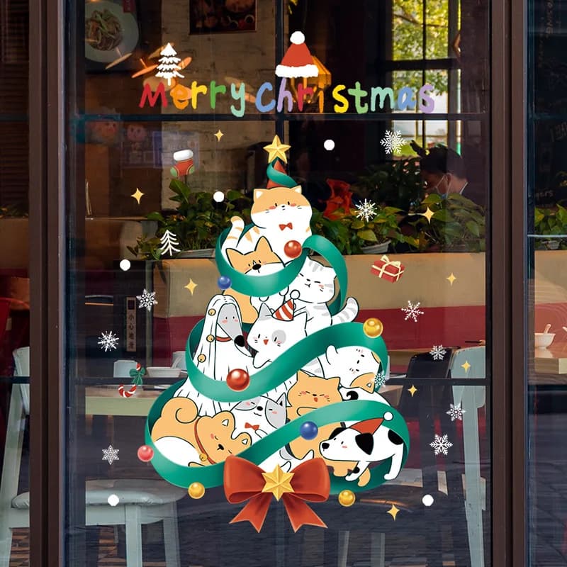 Cartoon Cat Dog Animals Christmas Tree Window Stickers for Kids Room Christmas Decoration New Year Static Window Sticker 2026