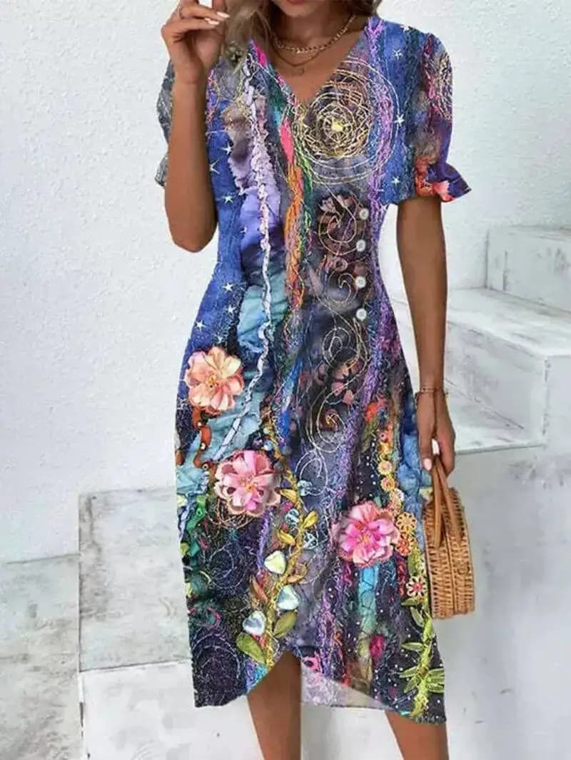 Elegante Abito Midi Floreale Plissettato a Forma di H, Vestito Estivo da Donna con Scollo a V, Maniche a Sbuffo, Vita Arricciata e Bottoni WJR8