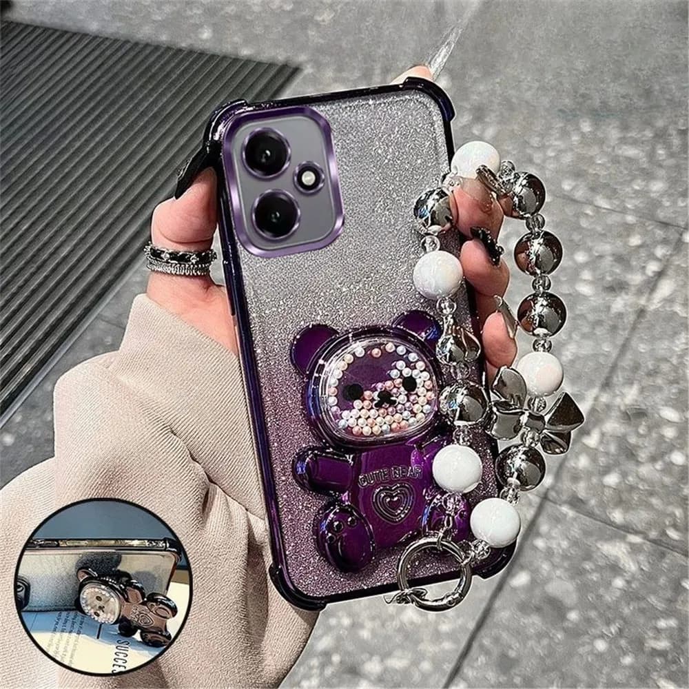 Luxury Bow Strap Bear Phone Holder Case For Honor 400 Pro Smart 200 Lite 300 100 90 80 70 60 50 Glitter Shockproof Stand Cover