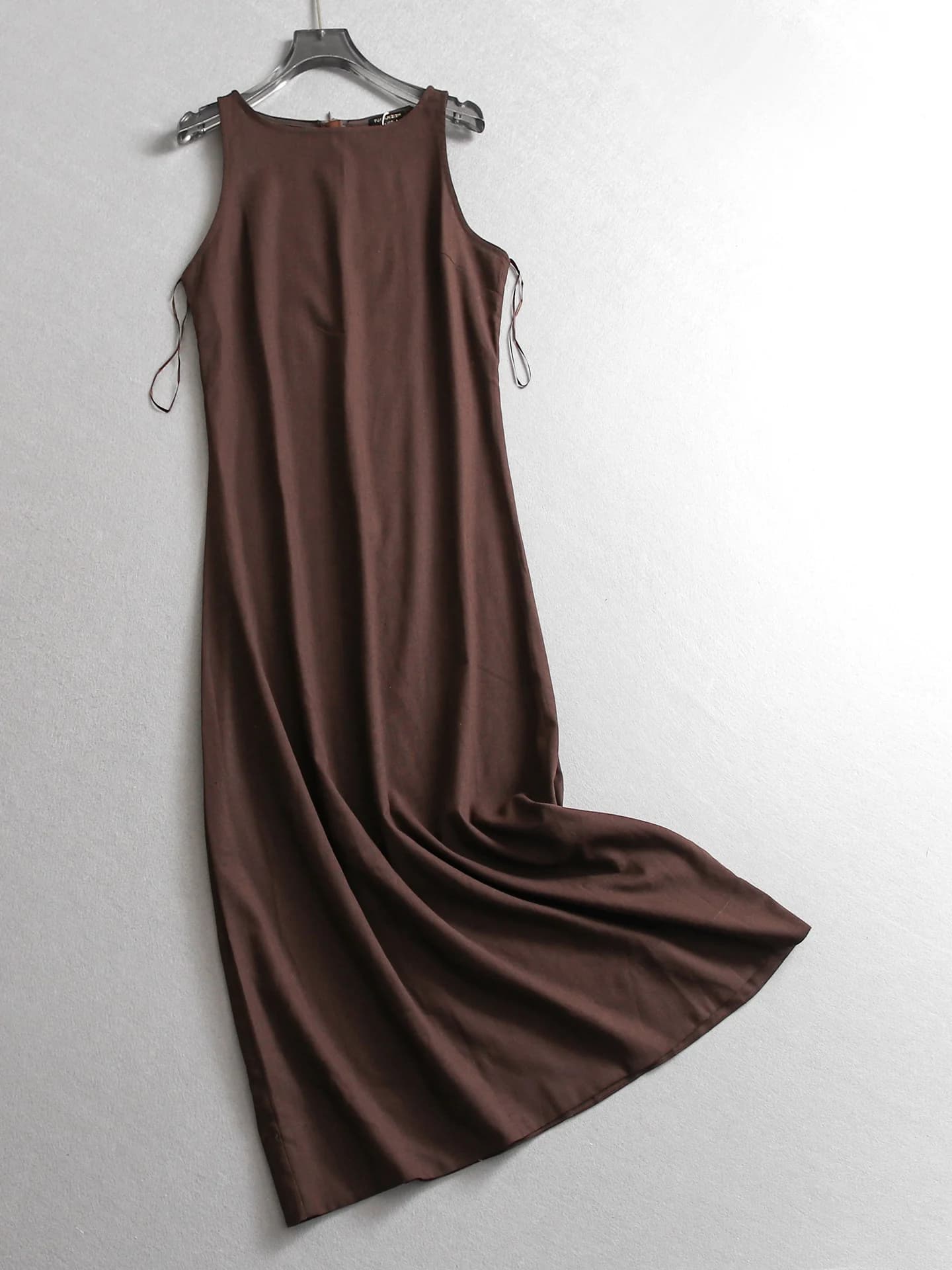 Linen Blend Slim Fit Sleeveless Vest Dress round Neck Long Skirt Casual Wear Breathable Comfortable A-Line Gown for Women