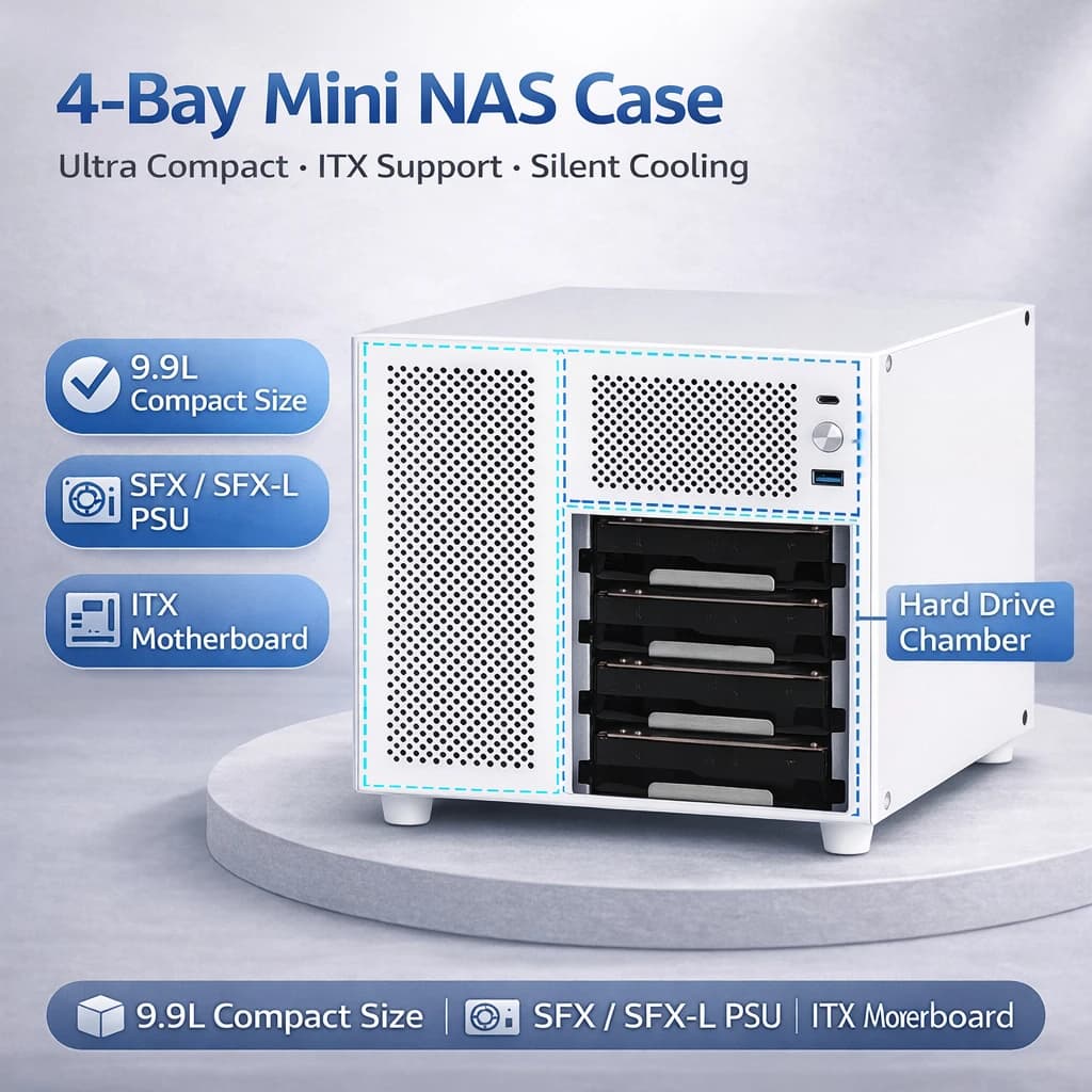 Case NAS Mini ITX a 4 Bay, Chassis Server Compatto da 9,9L, Supporta Alimentatori SFX/SFX-L, Case per Archiviazione Domestica