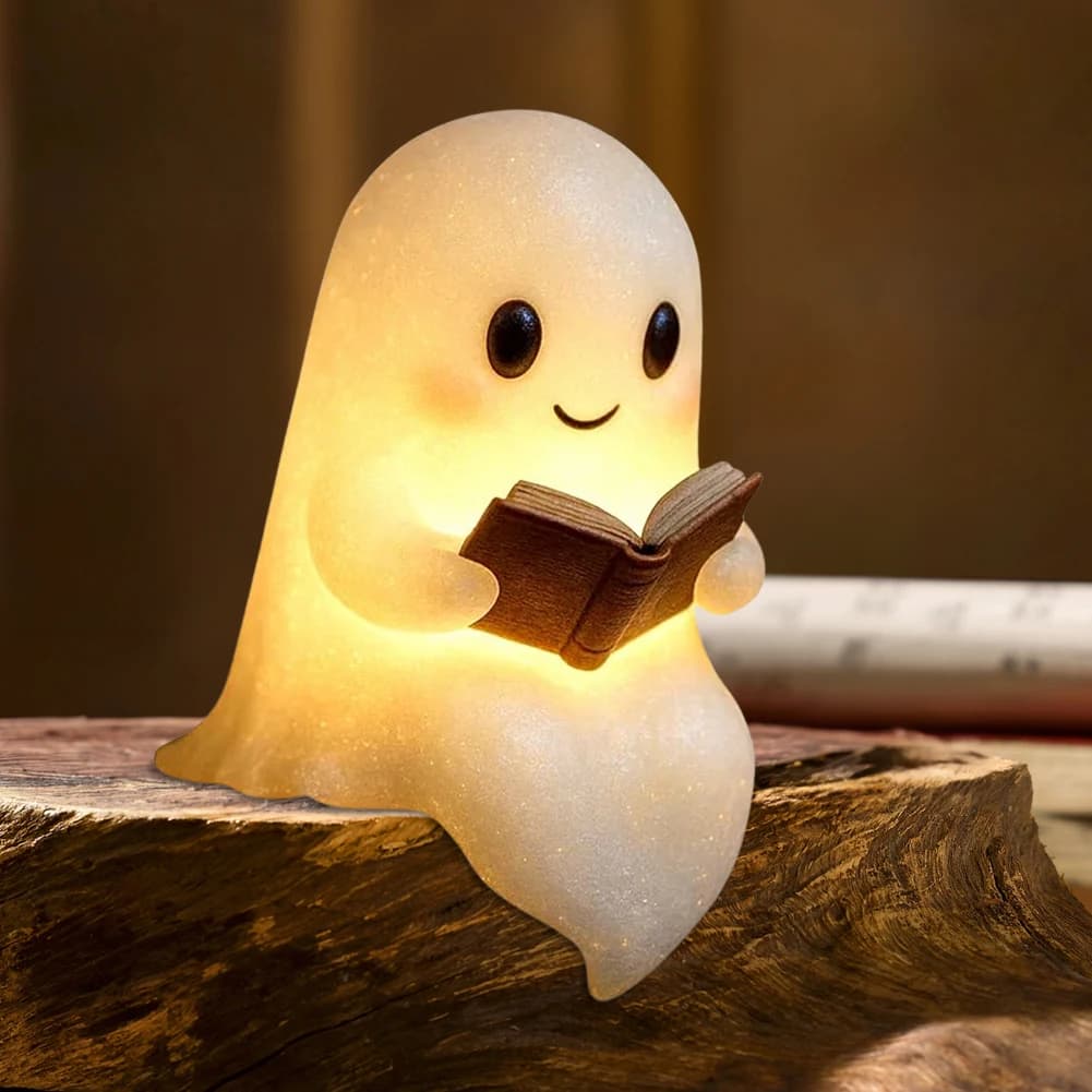 2025 Nuova lampada da lettura fantasma carina LED Fantasma seduto che legge un libro Luce notturna per la decorazione del comodino del bagno di Halloween