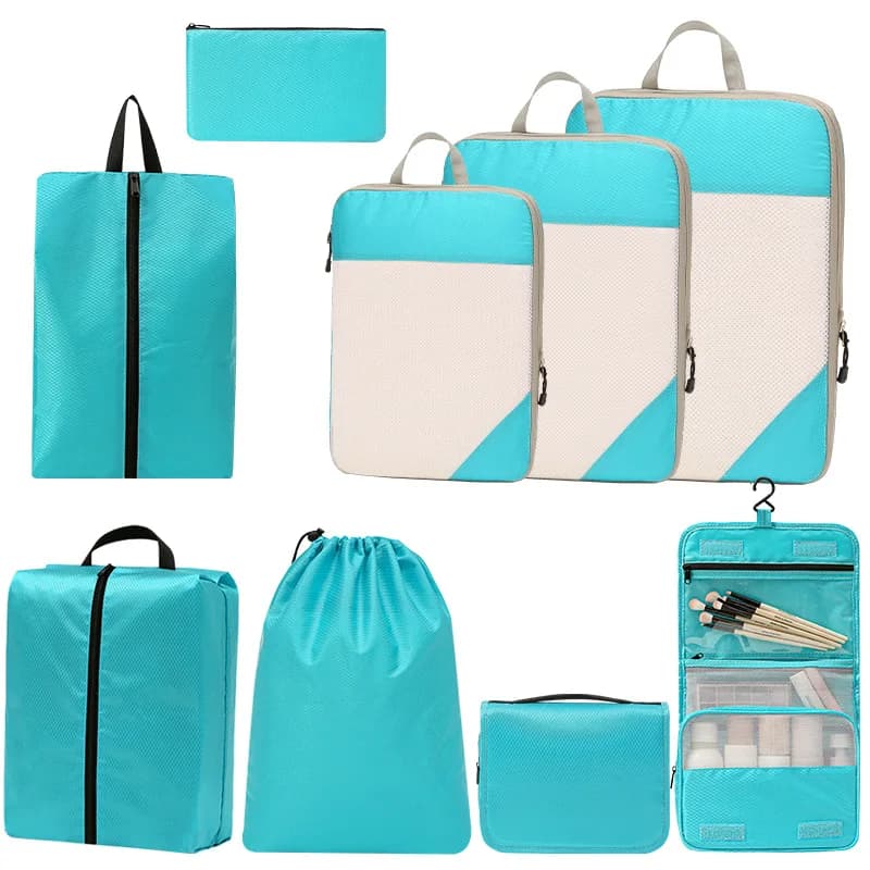 Set di Cubi Comprimibili da Viaggio in Poliestere, Organizer per Bagagli, Borsa Porta Abiti, Sacchetto Porta Scarpe, Borsa per Cosmetici e Articoli da Toilette