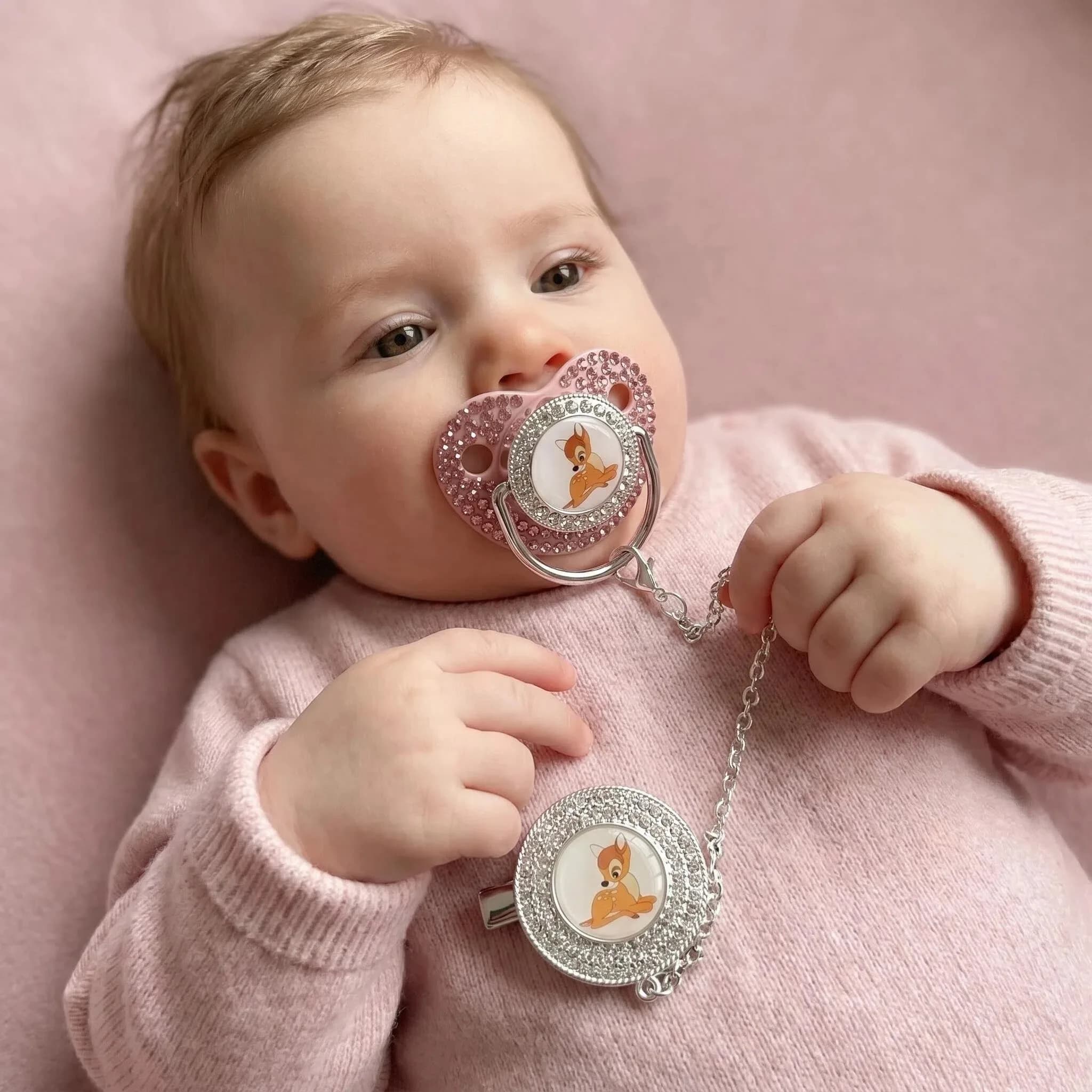 Cartoon reindeer print pacifier and chain clamp human baby essentials Say no to anxiety Little baby comfort nipple teething toy