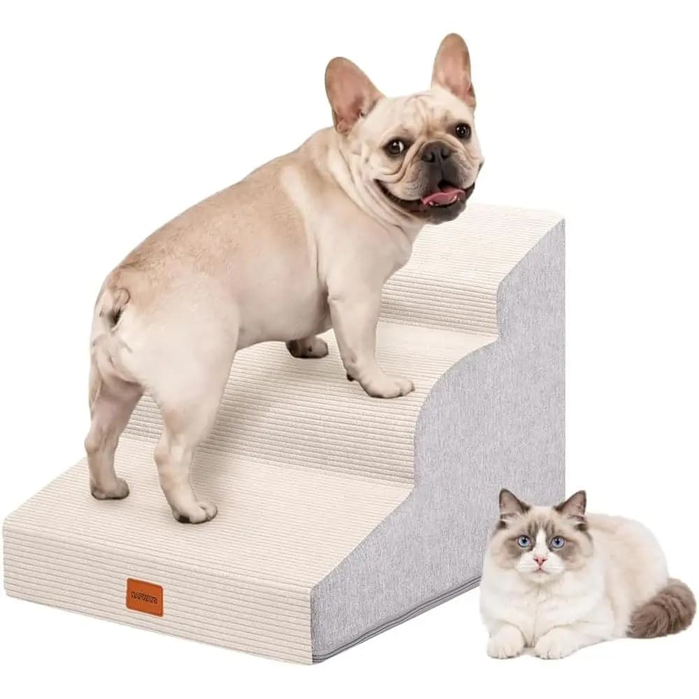 Dog Stairs 15.7 H, 3-Step Curved Pet Steps for Bed Couch and Chair, Non-Slip Steps for Injured & Senior Pets with Washable Cover