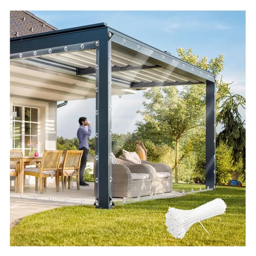 Telo Impermeabile Trasparente 4x4 Metri, Telo in PVC 11.8 Mil con Occhielli e Fascette, Copertura Resistente agli Strappi per Campeggio