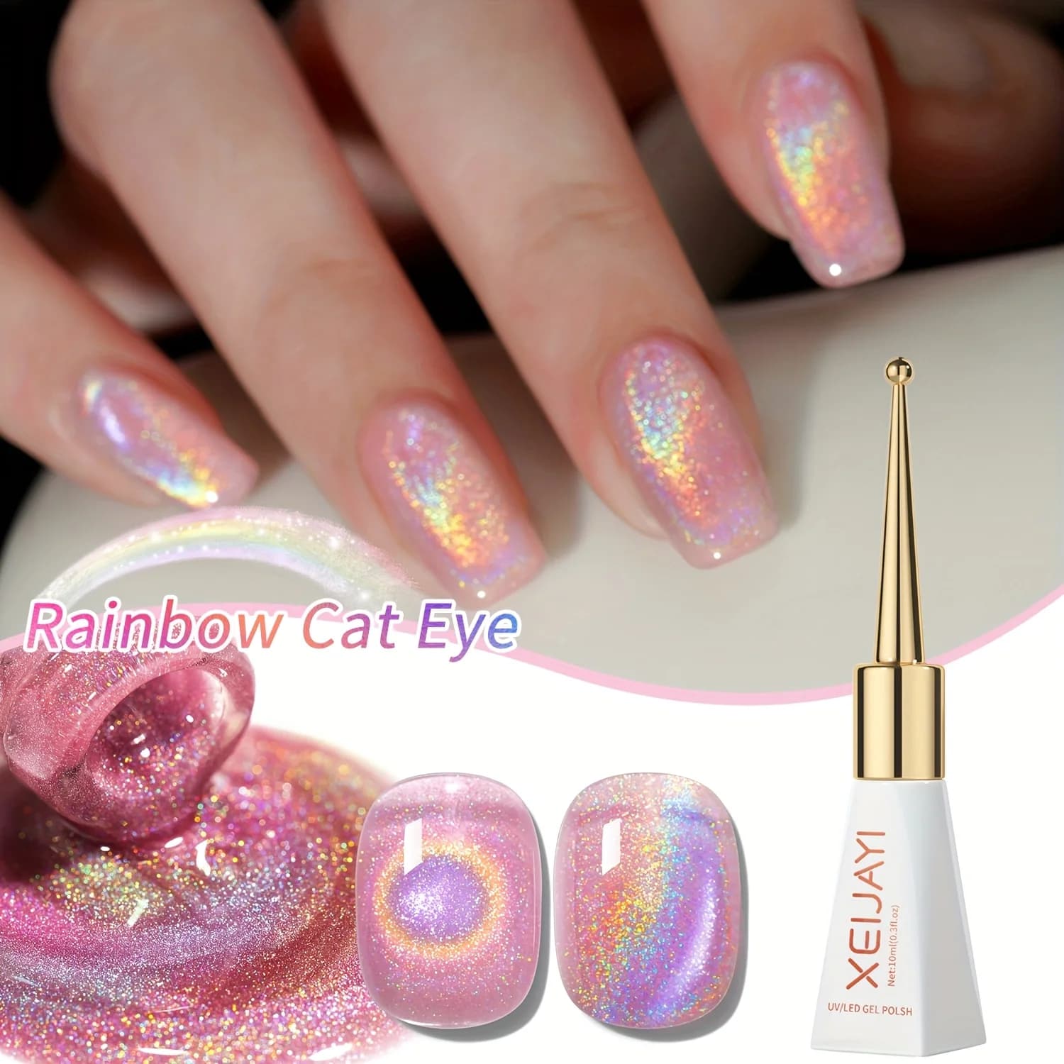 XEIJAYI 1 pz 10 ml Rosa Arcobaleno Occhio di Gatto Gel Magnetico Smalto per Unghie Rimovibile UV LED Luce per Donne - Bastone Magnetico Non Incluso