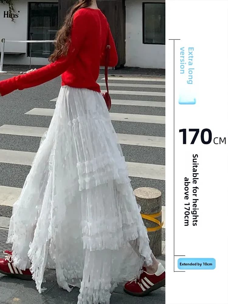 Gonna lunga a strati bianca stile balletto, con inserti, per donna, autunno inverno, stile coreano, per donne alte