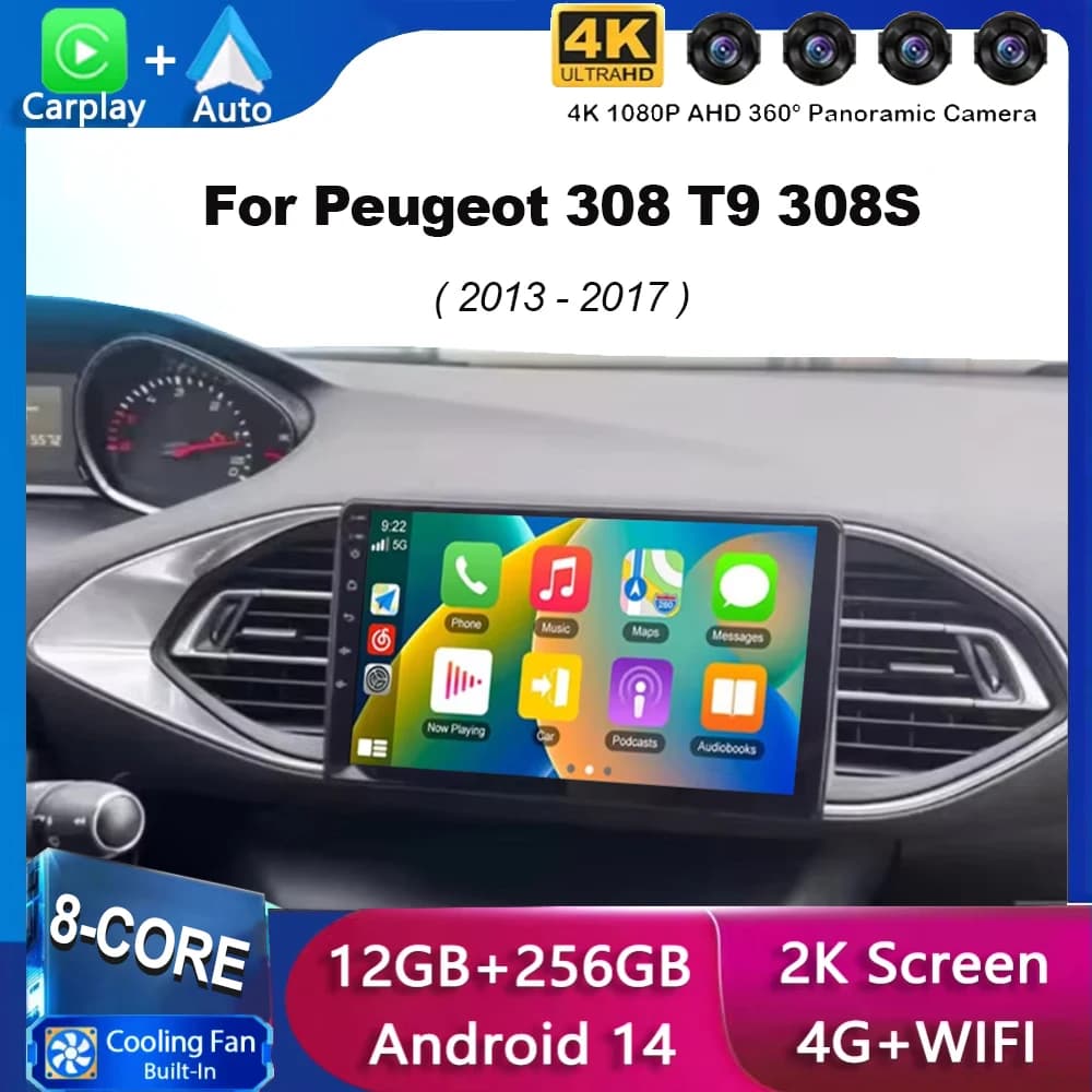 Android 15 Carplay + Auto 8 Core Ricevitore autoradio per Peugeot 308 T9 308S 2013-2017 GPS Lettore video multimediale Stereo 2DIN WIFI