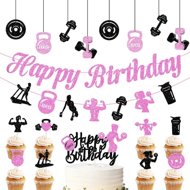 Birthday Decorations Gym Pull-Up Bar Banner Women's Gym Happy Birthday Cake Decorations, Spiral Pink Gym Pendants