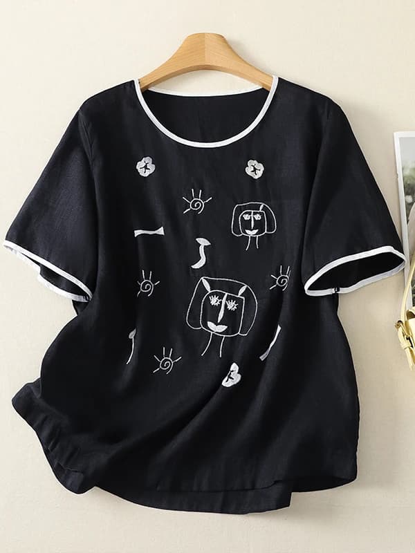 Fashionable Anti-Aging Cartoon Embroidery Cotton Linen Short Sleeve Women's T-Shirt Summer Lightweight Breathable round Neck Top