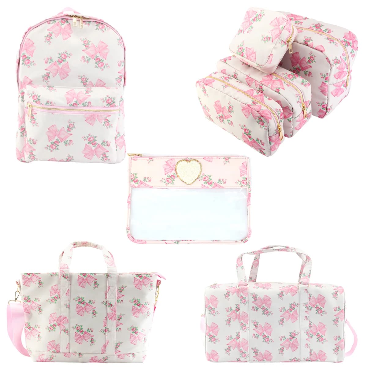Borse tote con fiocco rosa alla moda Borsa per cosmetici in nylon stampato Borsa da viaggio Set di zaini per weekend notturno Borsa da scuola per bambini